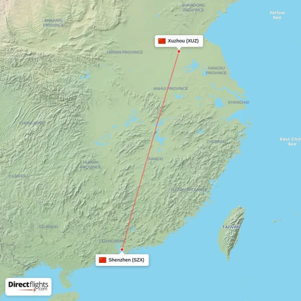 Shenzhen - Xuzhou direct flight map
