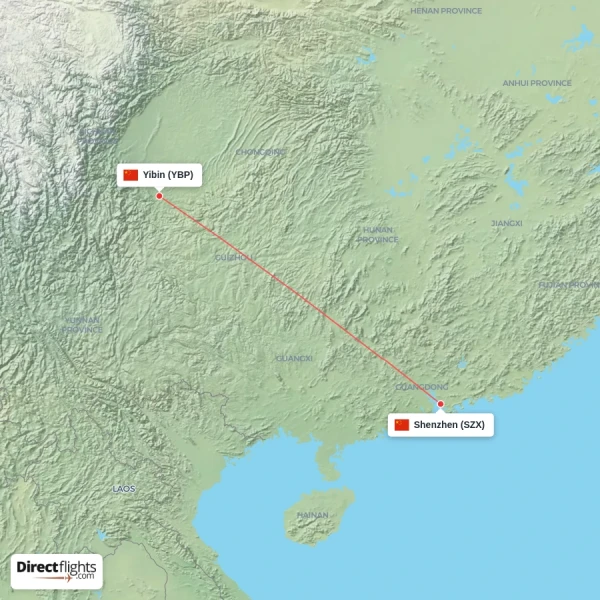 Shenzhen - Yibin direct flight map