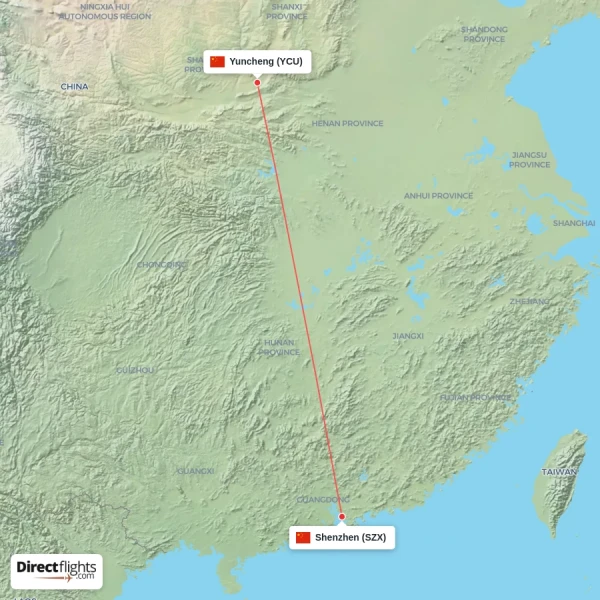Shenzhen - Yuncheng direct flight map