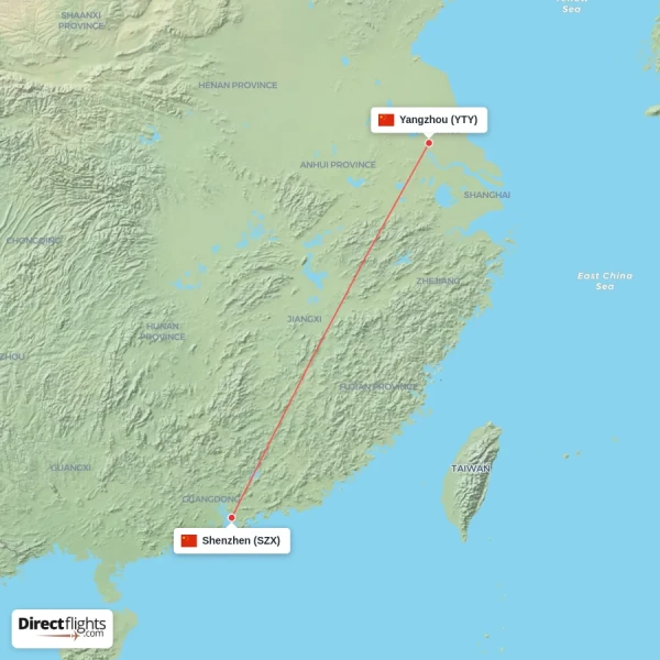 Shenzhen - Yangzhou direct flight map