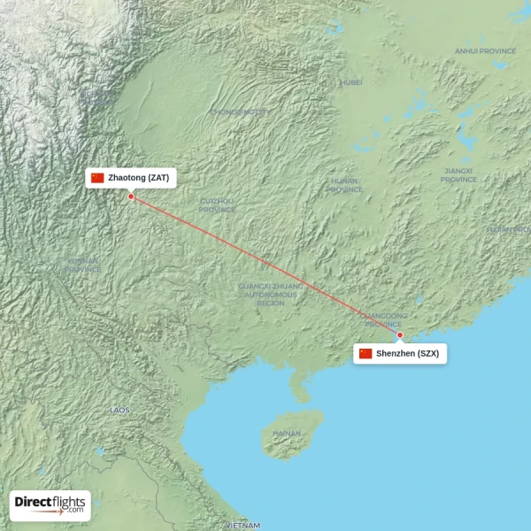 Shenzhen - Zhaotong direct flight map