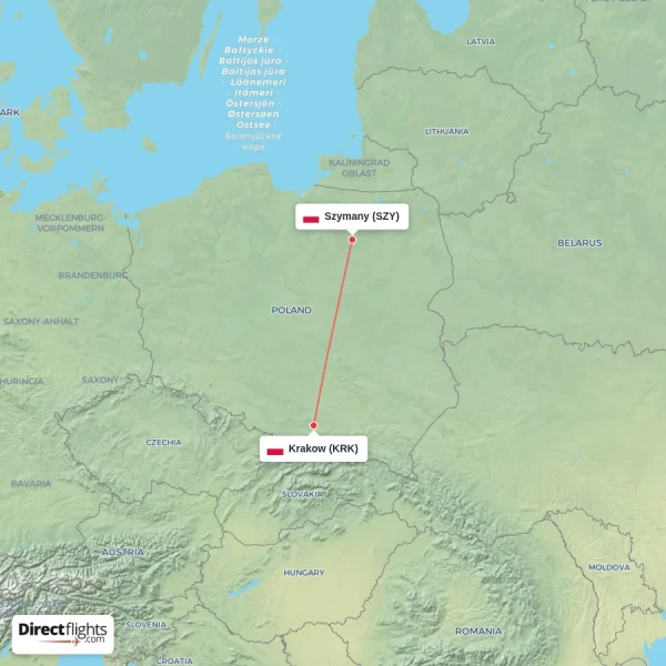 Szymany - Krakow direct flight map