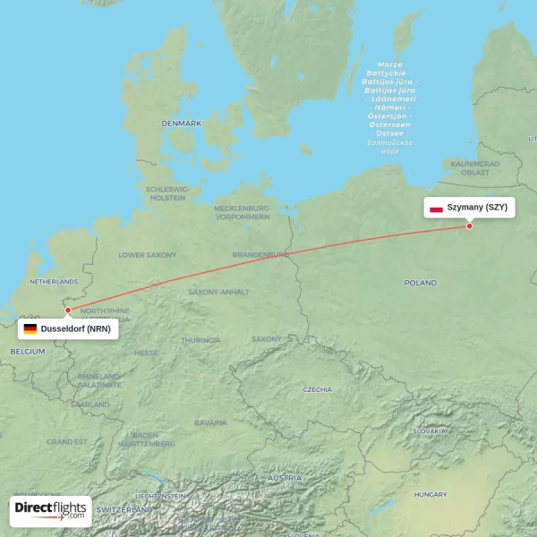 Szymany - Dusseldorf direct flight map