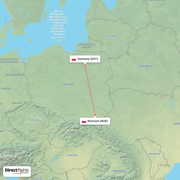 Szymany - Rzeszow direct flight map