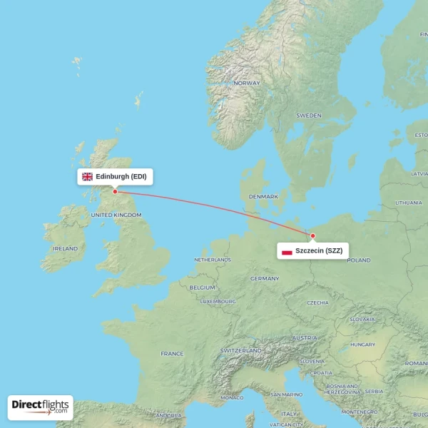 Szczecin - Edinburgh direct flight map