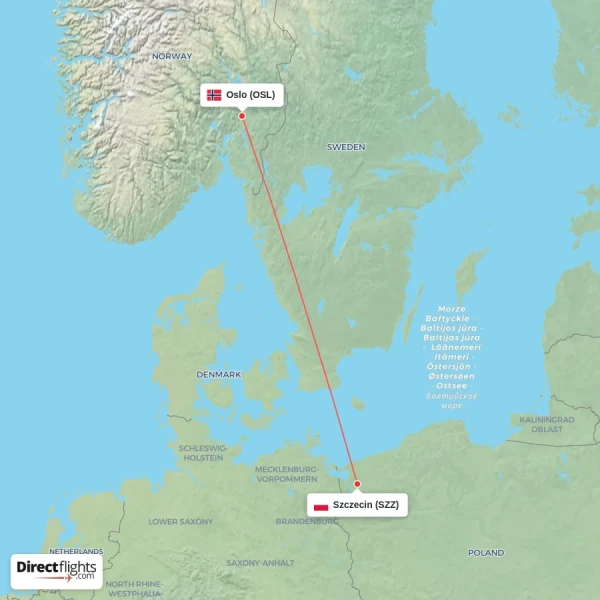 Szczecin - Oslo direct flight map
