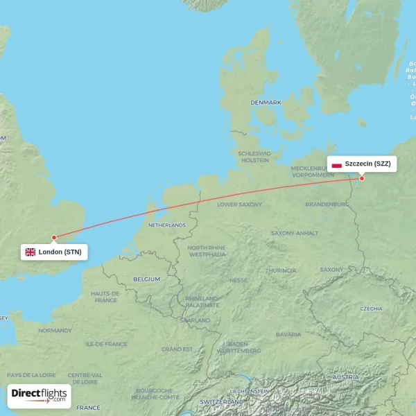 Szczecin - London direct flight map