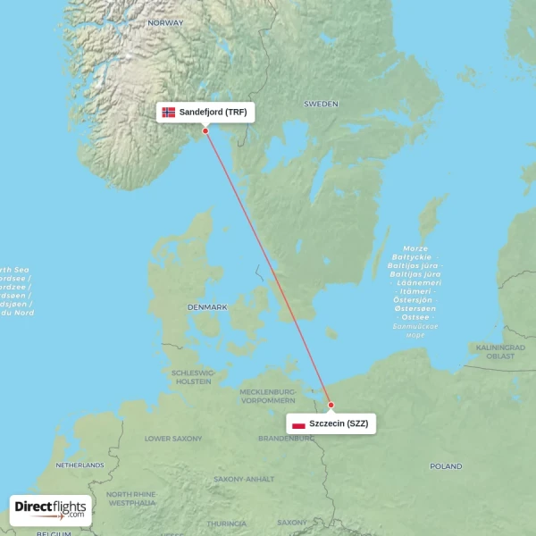 Szczecin - Sandefjord direct flight map