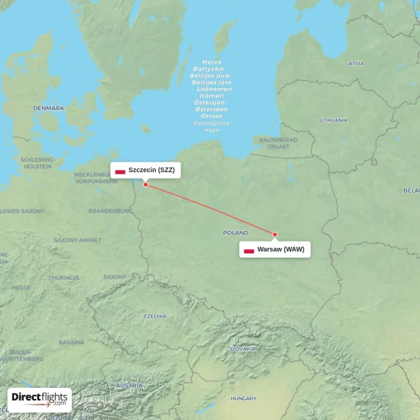 Szczecin - Warsaw direct flight map