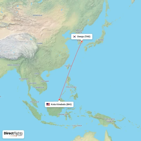 Daegu - Kota Kinabalu direct flight map