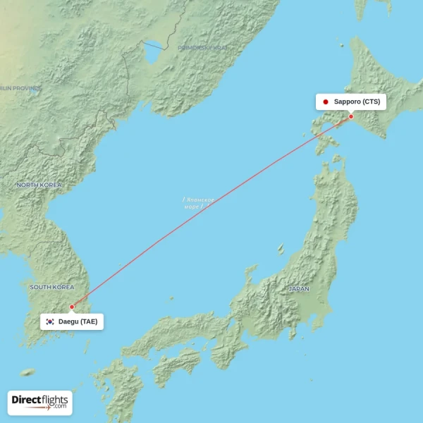 Daegu - Sapporo direct flight map