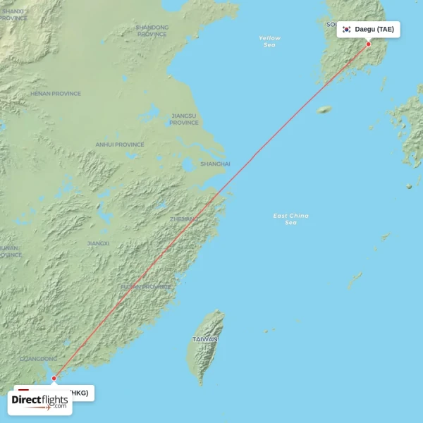 Daegu - Hong Kong direct flight map