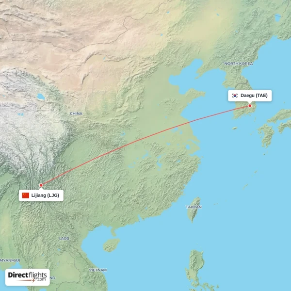 Daegu - Lijiang direct flight map