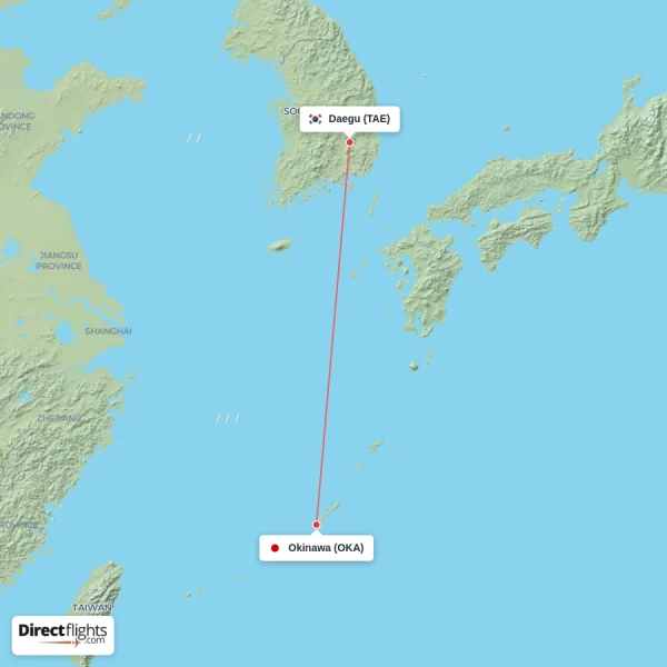 Daegu - Okinawa direct flight map