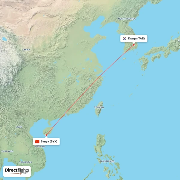 Daegu - Sanya direct flight map