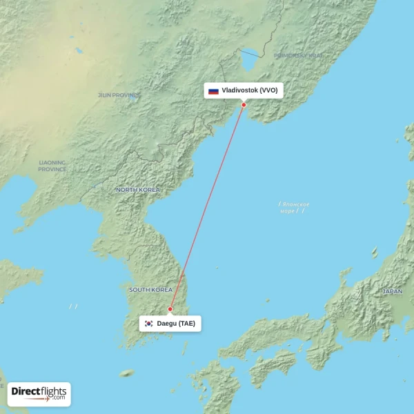 Daegu - Vladivostok direct flight map