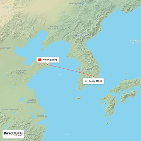 Daegu - Weihai direct flight map