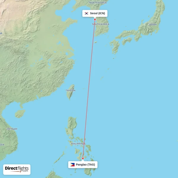 Panglao - Seoul direct flight map