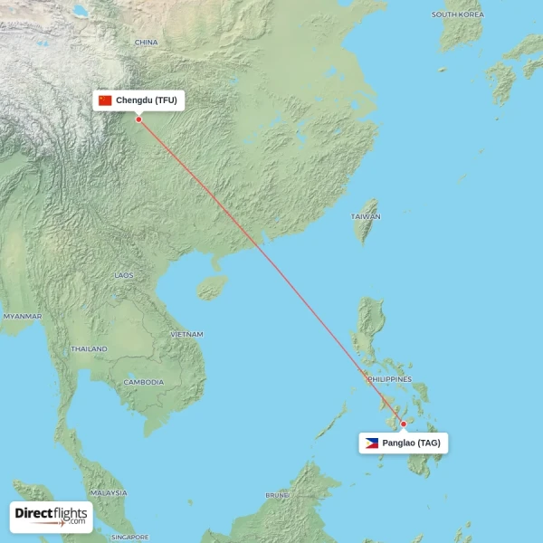 Panglao - Chengdu direct flight map