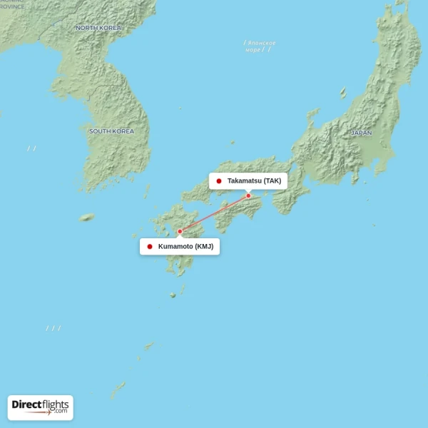 Takamatsu - Kumamoto direct flight map