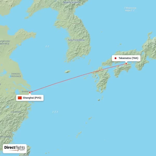 Takamatsu - Shanghai direct flight map