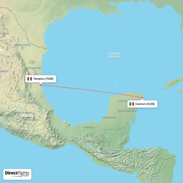 Tampico - Cancun direct flight map