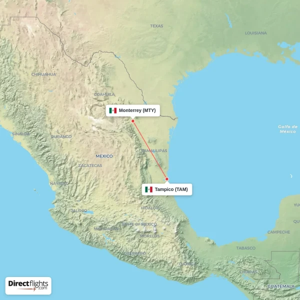 Tampico - Monterrey direct flight map