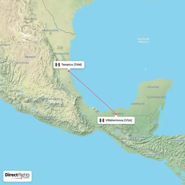 Tampico - Villahermosa direct flight map
