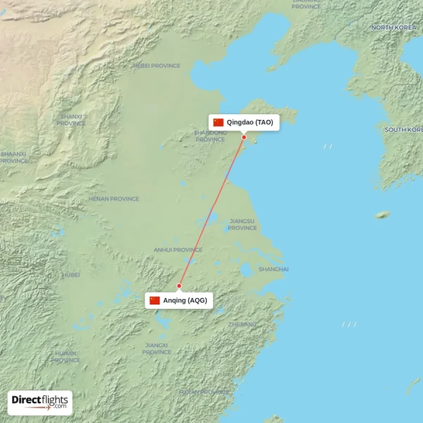 Qingdao - Anqing direct flight map