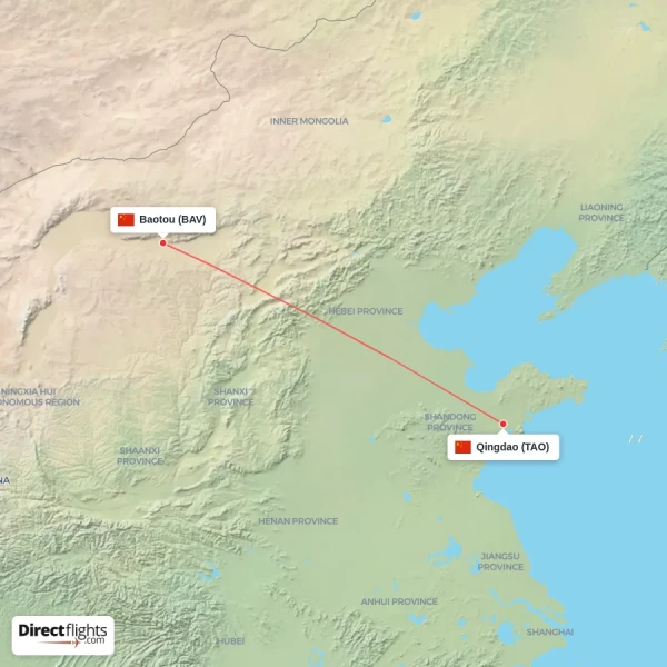 Qingdao - Baotou direct flight map