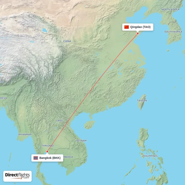 Qingdao - Bangkok direct flight map