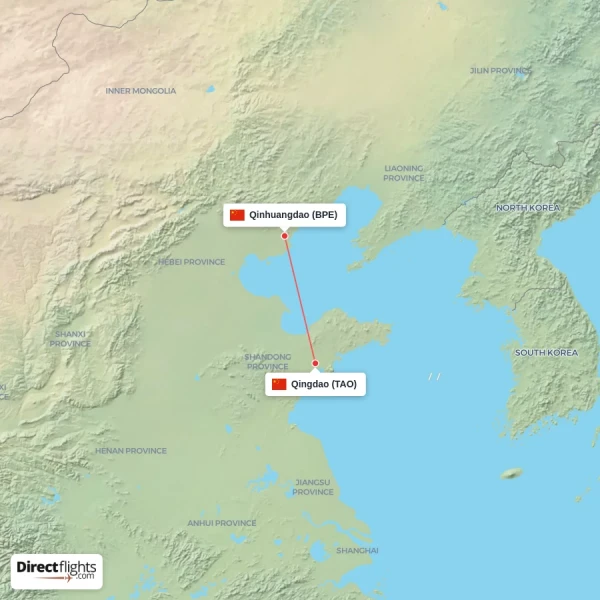 Qingdao - Qinhuangdao direct flight map