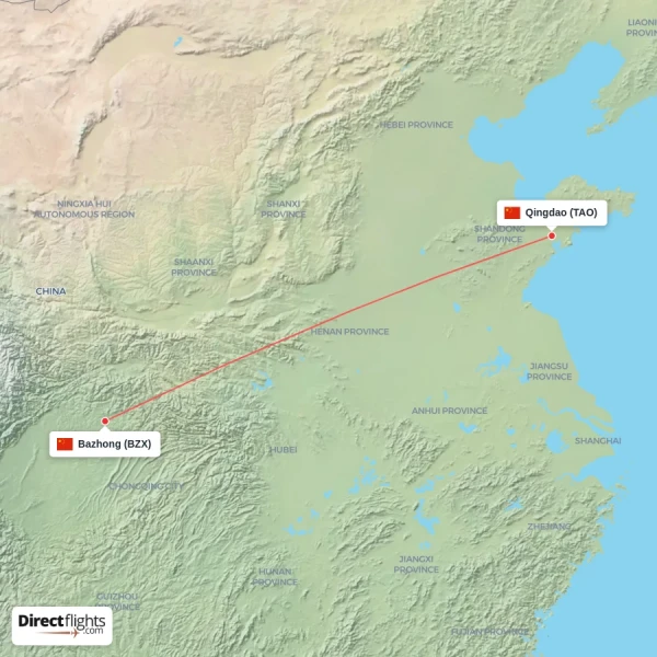 Qingdao - Bazhong direct flight map