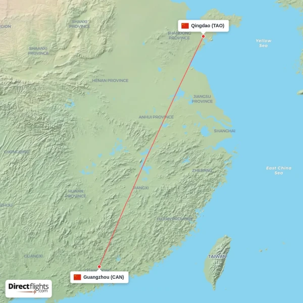 Qingdao - Guangzhou direct flight map