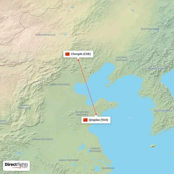 Qingdao - Chengde direct flight map