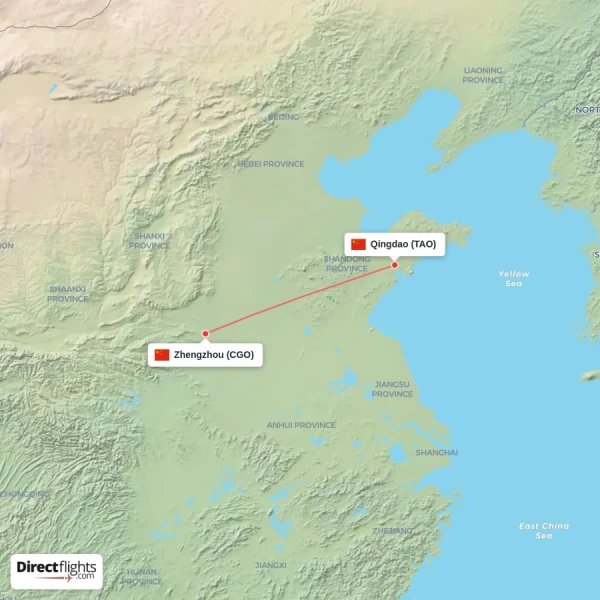 Qingdao - Zhengzhou direct flight map
