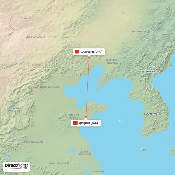 Qingdao - Chaoyang direct flight map