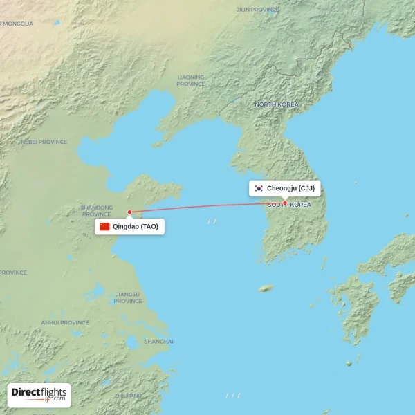 Qingdao - Cheongju direct flight map