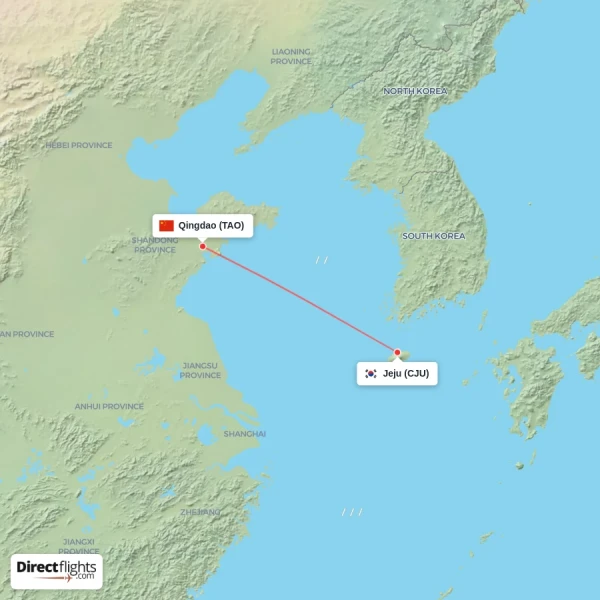 Qingdao - Jeju direct flight map