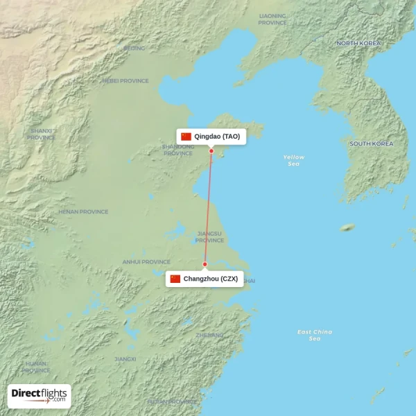 Qingdao - Changzhou direct flight map