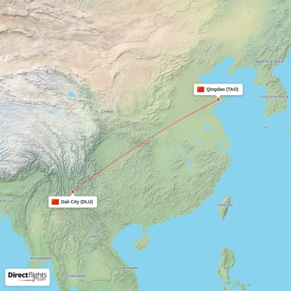 Qingdao - Dali City direct flight map