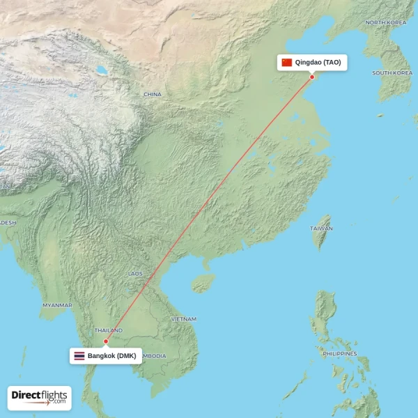 Qingdao - Bangkok direct flight map