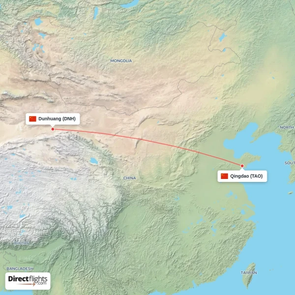 Qingdao - Dunhuang direct flight map