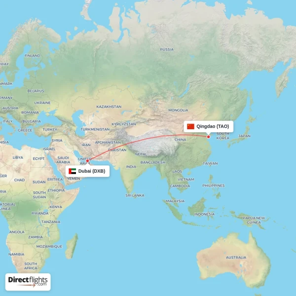 Qingdao - Dubai direct flight map