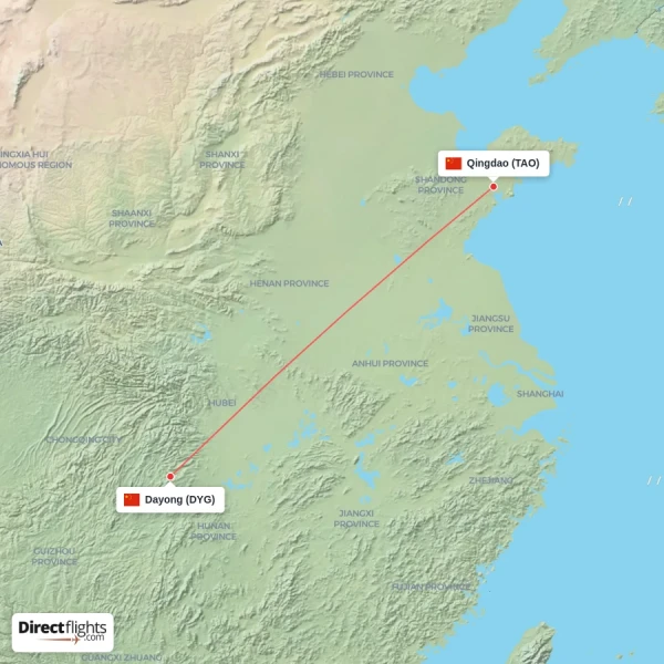 Qingdao - Dayong direct flight map