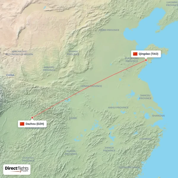 Qingdao - Dazhou direct flight map