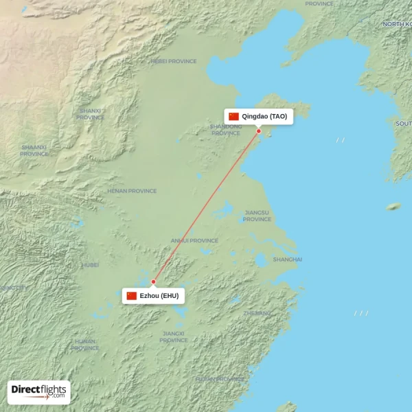 Qingdao - Ezhou direct flight map