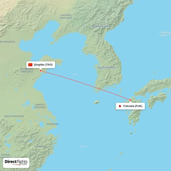 Qingdao - Fukuoka direct flight map
