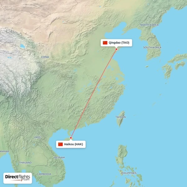 Qingdao - Haikou direct flight map