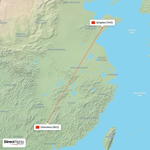 Qingdao - Chenzhou direct flight map